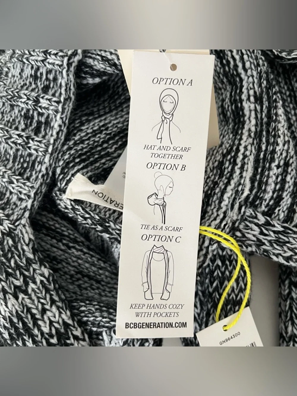 NWT BCBGeneration Knit Beanie Hat & Attached Scarf Pockets Black White Boho